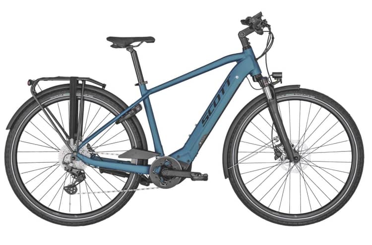 Blue Scott Sub Sport 10 bike with rear rack, front suspension, disc brakes, and integrated cables on white background.