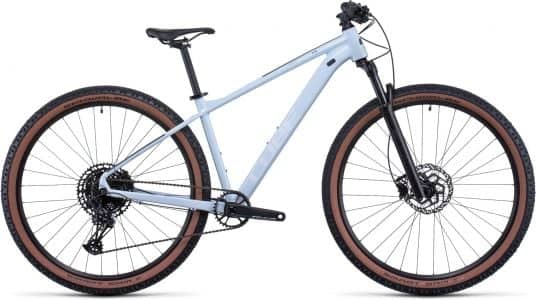 Modern Cube Acid mountain bike in gray with dual disc brakes and black tires, on a white background.