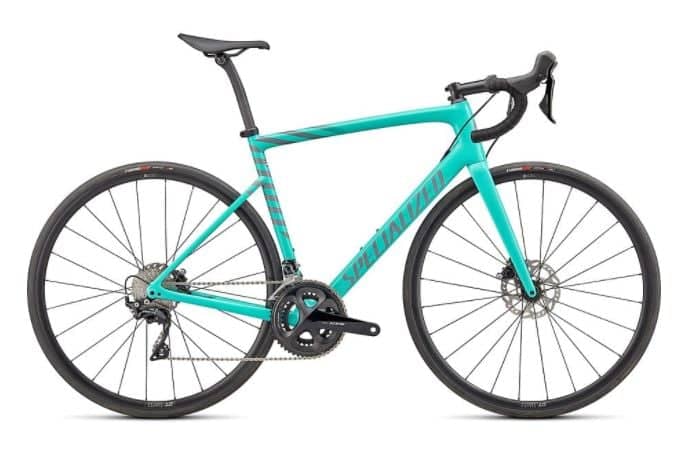 Turquoise Specialized Tarmac road bike with black trim and disc brakes, green detailing.