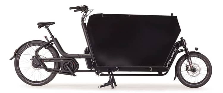 Cargo bike with a large black box, Urban Arrow branding, designed for transport, against a white background.