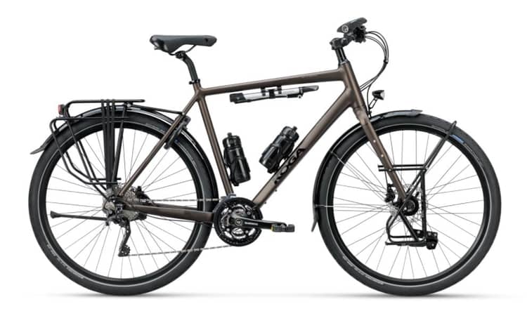 Touring bicycle with front suspension, rear rack, and dual water bottle cages, in brown, on a white background.