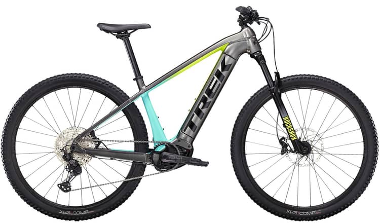 Mountainbike "Trek Powerfly 5" in Schwarz-Rosé mit Elektroantrieb, Geländereifen und Scheibenbremsen.