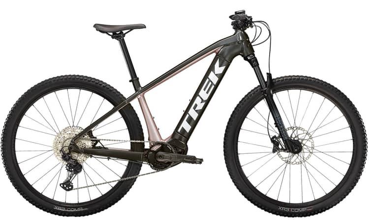 Trek Powerfly 5 mountain e-bike in black and rose, featuring a sleek frame, knobby tires, and battery integration.