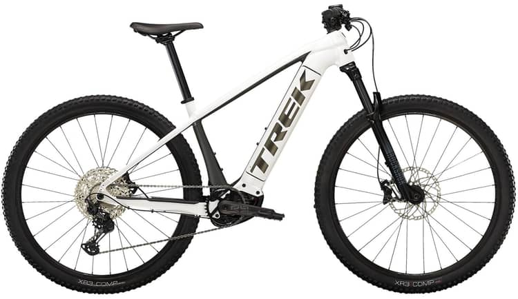 Mountainbike "Trek Powerfly 5" in Schwarz-Rosé mit Elektroantrieb, Geländereifen und Scheibenbremsen.