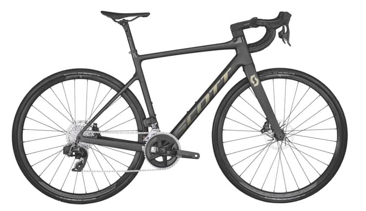 Black Addict 10 road bicycle with sleek carbon frame, Shimano components, and integrated cabling, on white background.